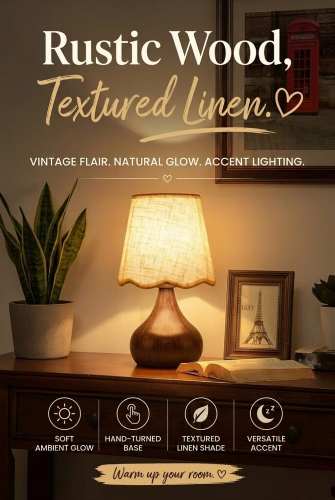 Wood Grain Small Table Lamp, Farmhouse Bedroom Lamps for Bedside Nightstand